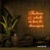 This Home Is Built on Love and Shenanigans neon sign in orange for family walls, living rooms, and cozy decor.