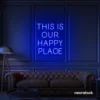 This Is Our Happy Place neon sign in dark blue for home entryways, cozy rooms, and joyful wall decor.