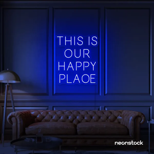 This Is Our Happy Place neon sign in dark blue for home entryways, cozy rooms, and joyful wall decor.