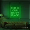 This Is Our Happy Place neon sign in deep green for home entryways, cozy rooms, and joyful wall decor.