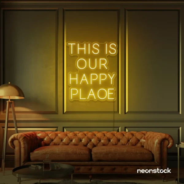 This Is Our Happy Place neon sign in golden yellow for home entryways, cozy rooms, and joyful wall decor.