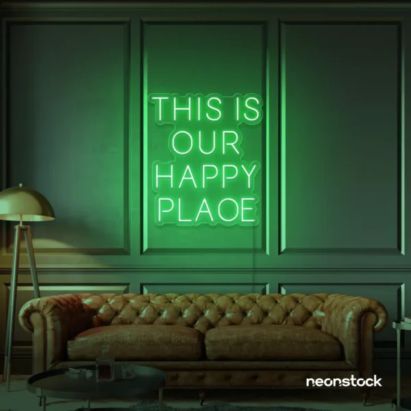 This Is Our Happy Place neon sign in green for home entryways, cozy rooms, and joyful wall decor.