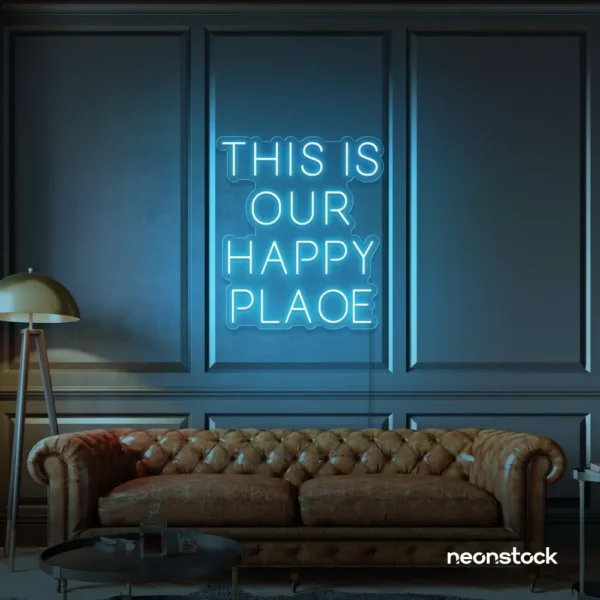 This Is Our Happy Place neon sign in ice blue for home entryways, cozy rooms, and joyful wall decor.