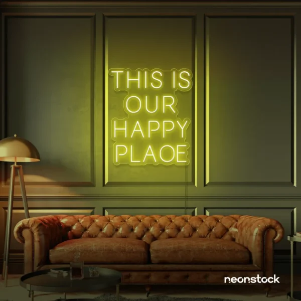 This Is Our Happy Place neon sign in lemon yellow for home entryways, cozy rooms, and joyful wall decor.