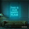 This Is Our Happy Place neon sign in mint green for home entryways, cozy rooms, and joyful wall decor.
