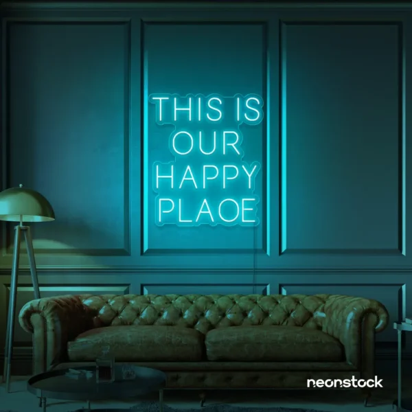 This Is Our Happy Place neon sign in mint green for home entryways, cozy rooms, and joyful wall decor.