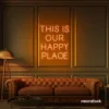 This Is Our Happy Place neon sign in orange for home entryways, cozy rooms, and joyful wall decor.