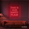 This Is Our Happy Place neon sign in red for home entryways, cozy rooms, and joyful wall decor.
