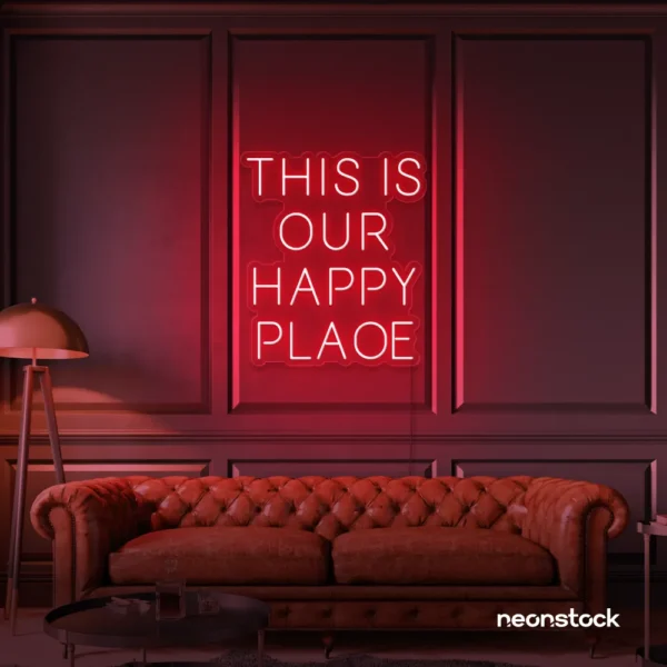 This Is Our Happy Place neon sign in red for home entryways, cozy rooms, and joyful wall decor.