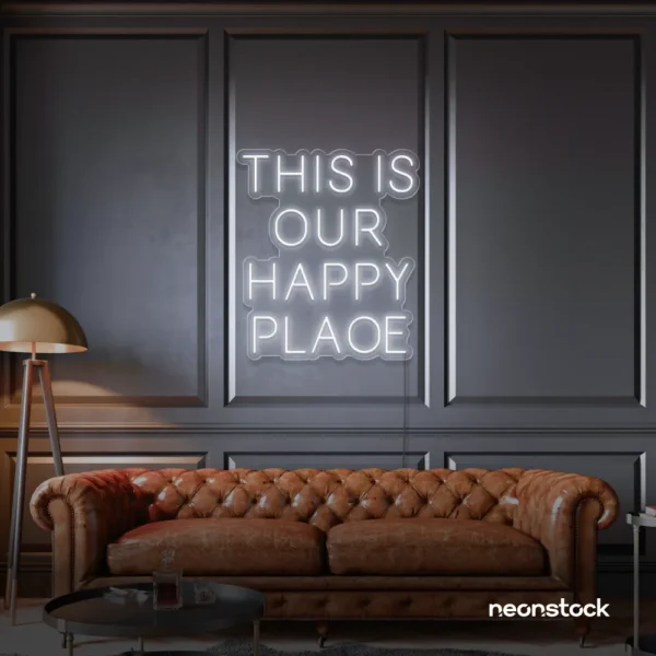 This Is Our Happy Place neon sign in white for home entryways, cozy rooms, and joyful wall decor.