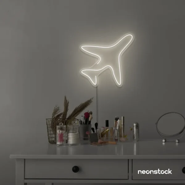 Aeroplane neon sign in neutral white for kids' rooms, nursery travel themes, and pilot-inspired decor.