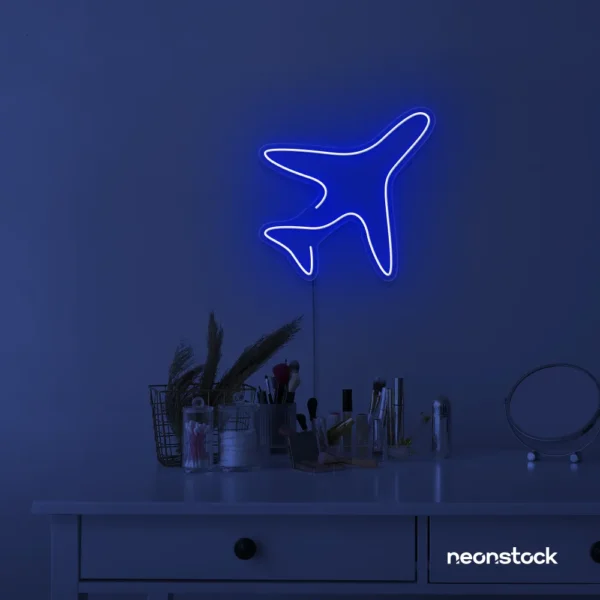 Aeroplane neon sign in dark blue for kids' rooms, nursery travel themes, and pilot-inspired decor.