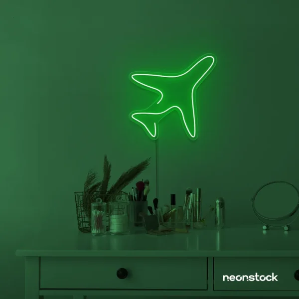 Aeroplane neon sign in deep green for kids' rooms, nursery travel themes, and pilot-inspired decor.