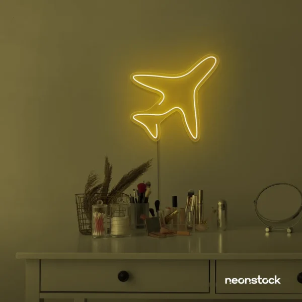 Aeroplane neon sign in golden yellow for kids' rooms, nursery travel themes, and pilot-inspired decor.
