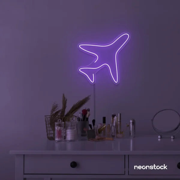 Aeroplane neon sign in purple for kids' rooms, nursery travel themes, and pilot-inspired decor.