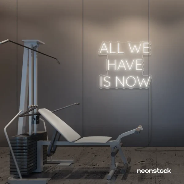 All We Have Is Now neon sign in neutral white for modern wall decor, dorms, and cozy interiors.
