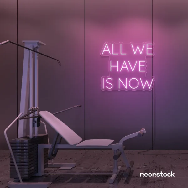 All We Have Is Now neon sign in baby pink for modern wall decor, dorms, and cozy interiors.