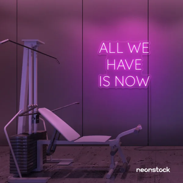 All We Have Is Now neon sign in pink for modern wall decor, dorms, and cozy interiors.