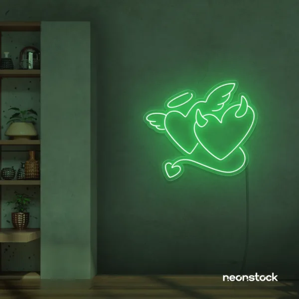Devil and angel heart neon sign in green for romantic and edgy room decor.