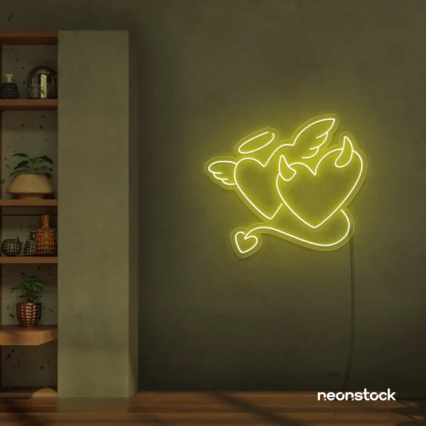Devil and angel heart neon sign in lemon yellow for romantic and edgy room decor.
