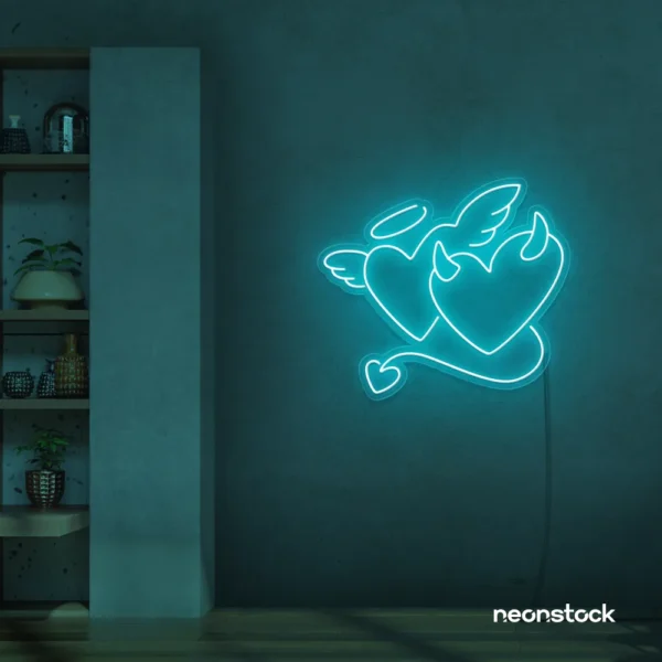 Devil and angel heart neon sign in mint green for romantic and edgy room decor.