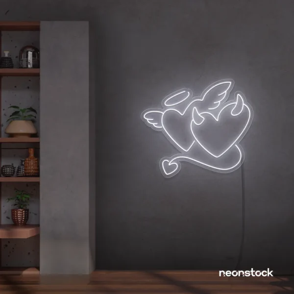 Devil and angel heart neon sign in white for romantic and edgy room decor.