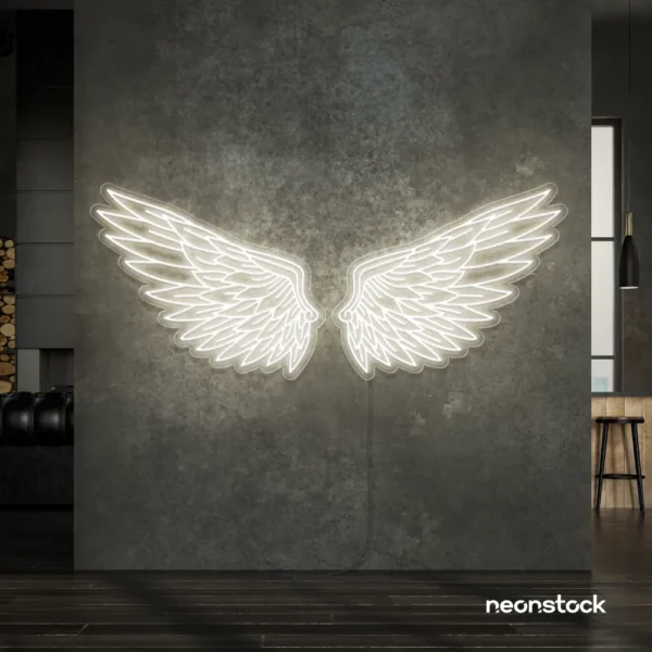 Elegant angel wings neon sign in neutral white for wall art or restaurant decor.