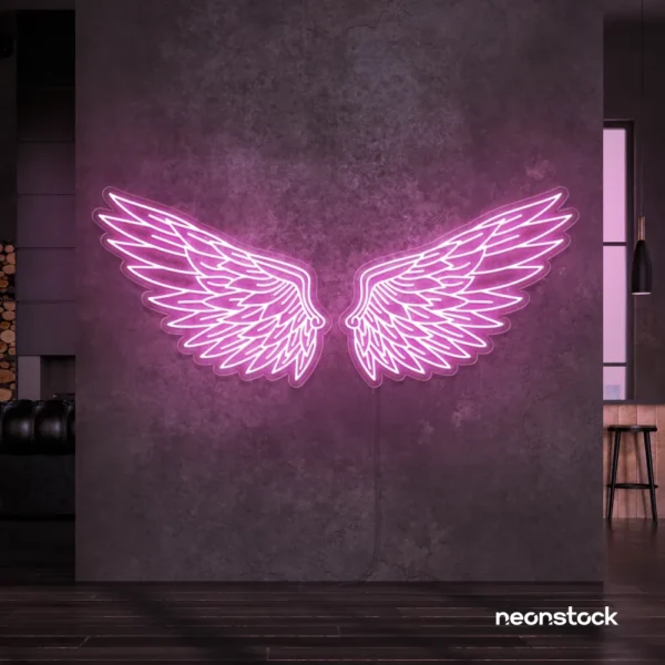 Elegant angel wings neon sign in baby pink for wall art or restaurant decor.
