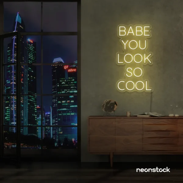 Babe You Look So Cool neon sign in warm white for glam rooms, salons, and modern home decor.