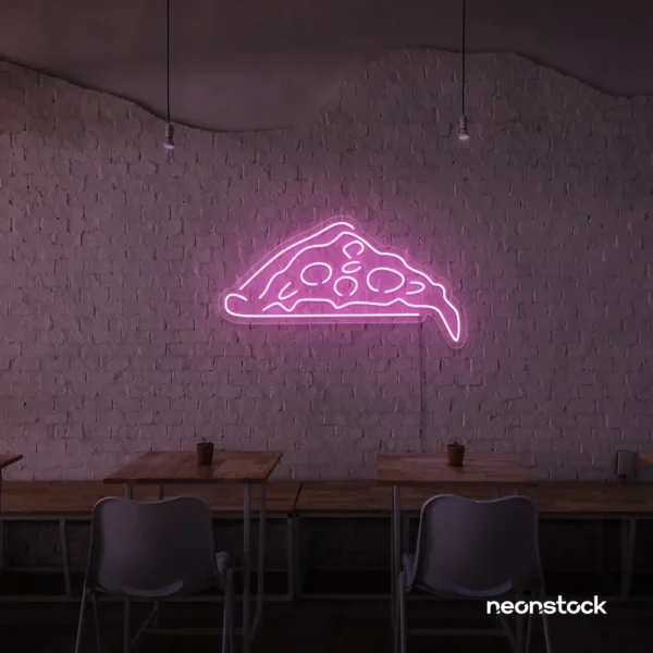Pizza slice neon sign in pink for pizzerias, fast food joints, and restaurant wall decor.