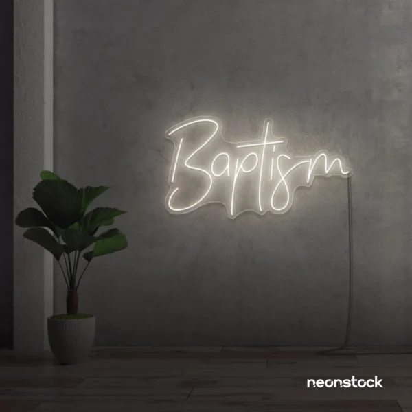 Baptism neon sign in neutral white for christening events and religious decor.