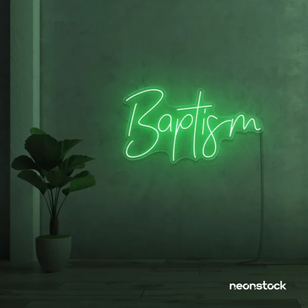 Baptism neon sign in green for christening events and religious decor.