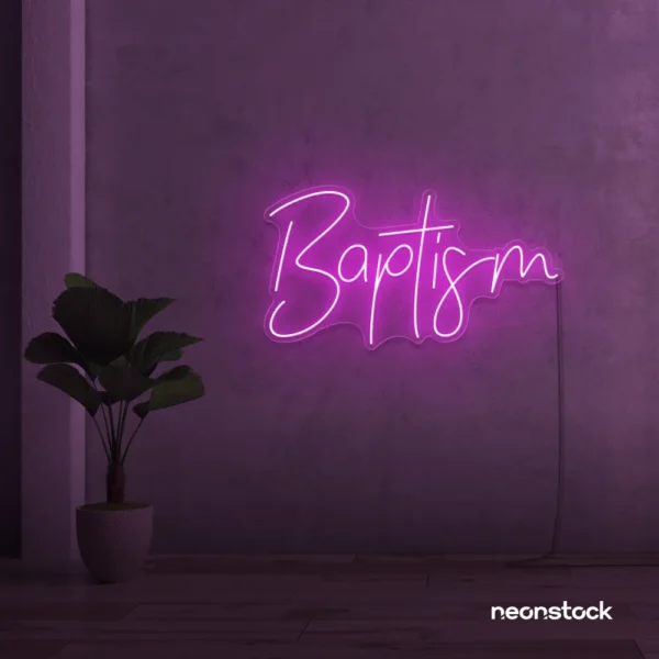 Baptism neon sign in pink for christening events and religious decor.