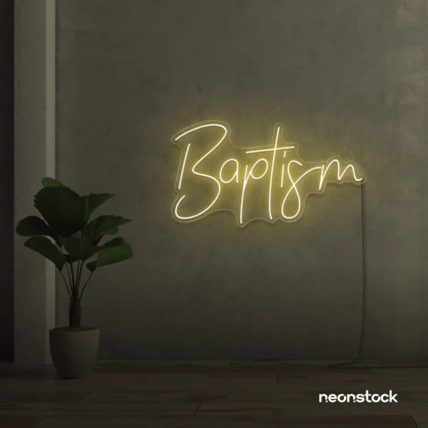 Baptism neon sign in warm white for christening events and religious decor.