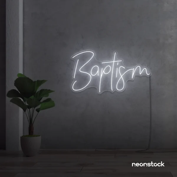 Baptism neon sign in white for christening events and religious decor.