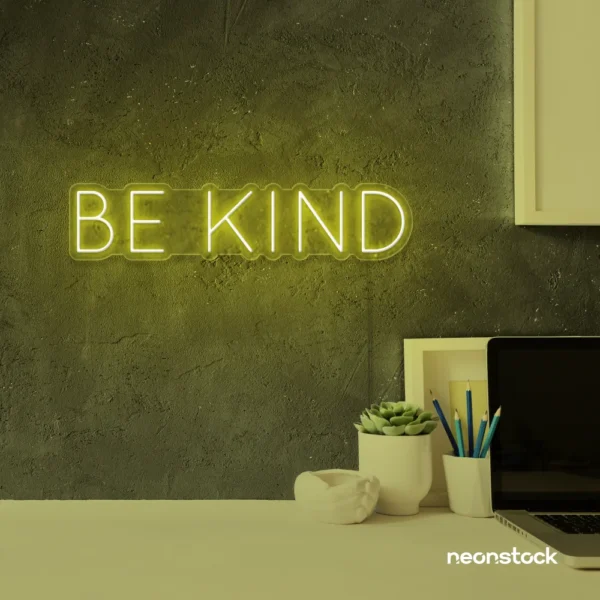 Be Kind neon sign in lemon yellow for wellness spaces, classrooms, offices, and mindful decor.