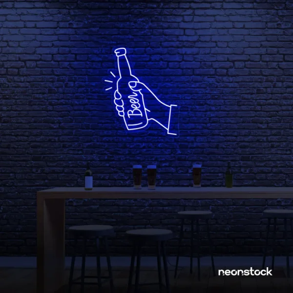 Beer bottle neon sign in dark blue for bar or man cave wall decor.
