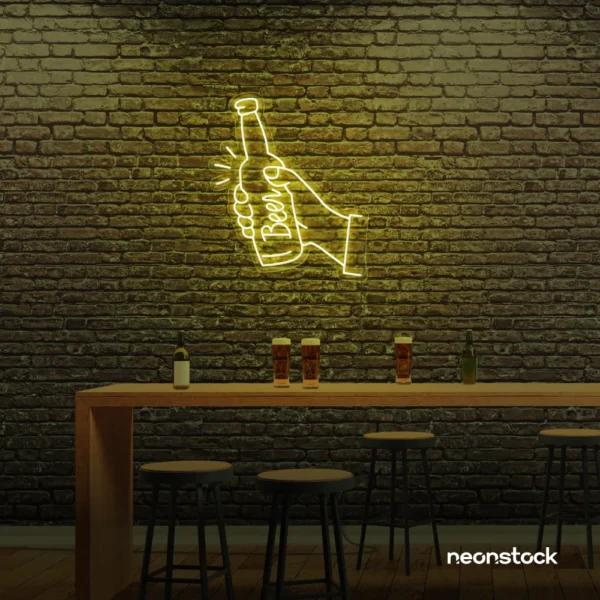 Beer bottle neon sign in lemon yellow for bar or man cave wall decor.
