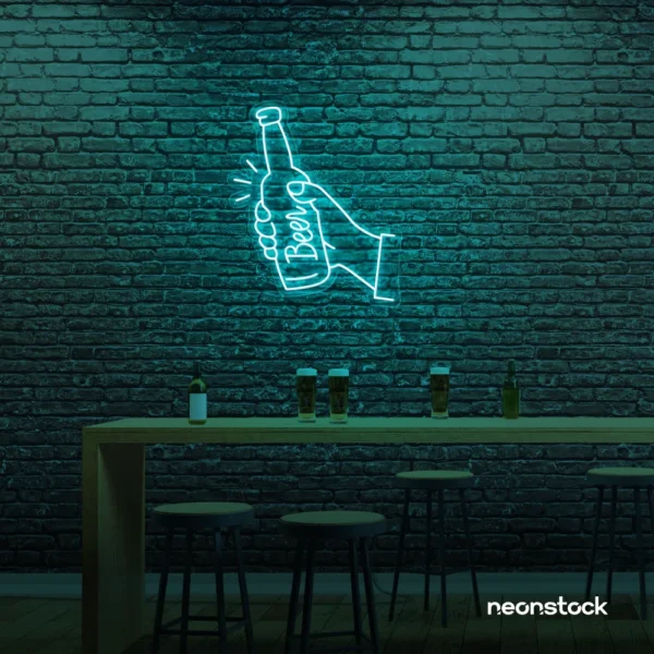 Beer bottle neon sign in mint green for bar or man cave wall decor.