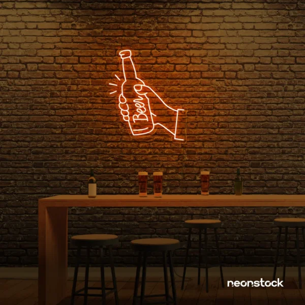 Beer bottle neon sign in orange for bar or man cave wall decor.