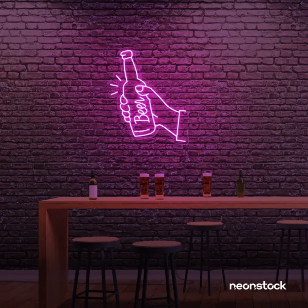 Beer bottle neon sign in pink for bar or man cave wall decor.