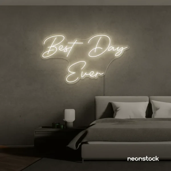 Best Day Ever neon sign in netrual white for weddings, events, and celebration backdrops.