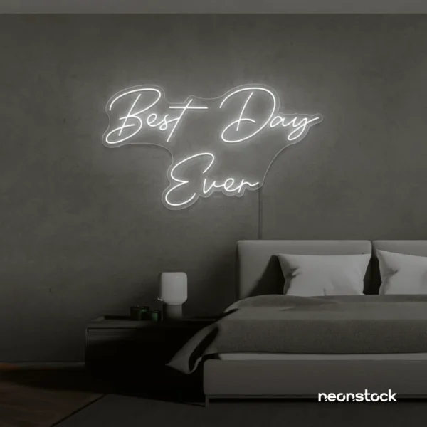 Best Day Ever neon sign in white for weddings, events, and celebration backdrops.