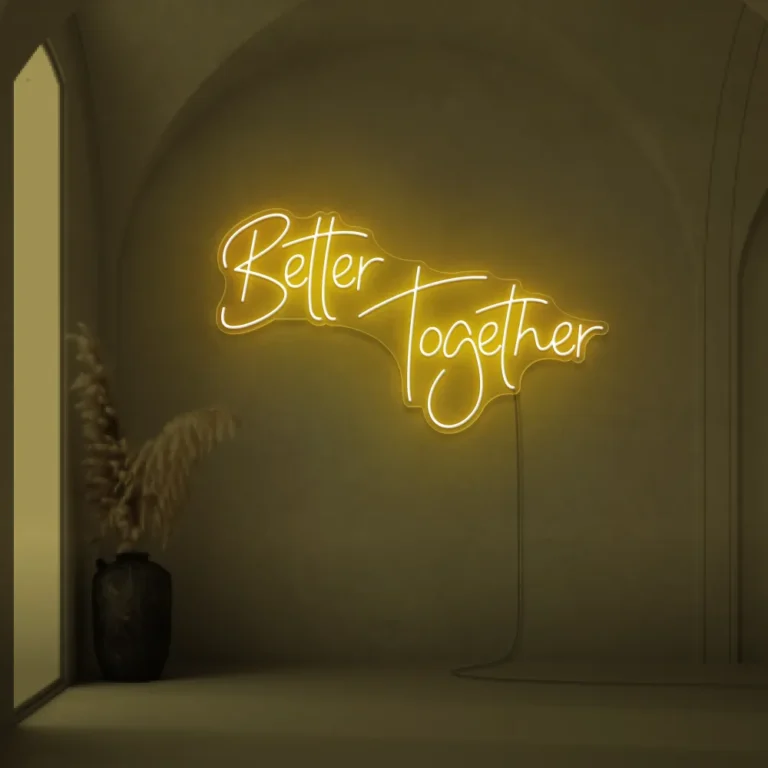 Better Together neon sign in golden yellow for weddings, parties, and home decor