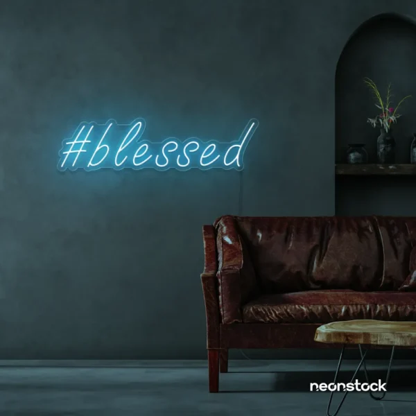 Blessed neon sign in ice blue for spiritual decor, homes, and motivational spaces.