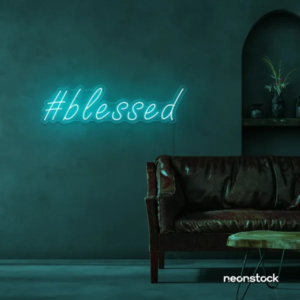 Blessed neon sign in mint green for spiritual decor, homes, and motivational spaces.