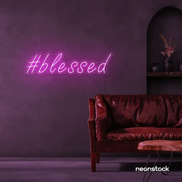 Blessed neon sign in pink for spiritual decor, homes, and motivational spaces.