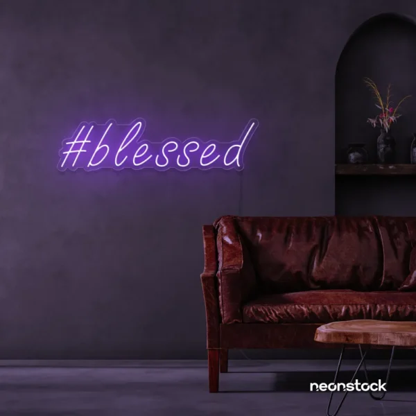 Blessed neon sign in purple for spiritual decor, homes, and motivational spaces.