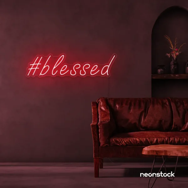 Blessed neon sign in red for spiritual decor, homes, and motivational spaces.