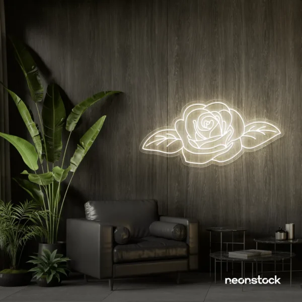 Rose neon sign in neutral white for bedroom, lounge, or salon decor